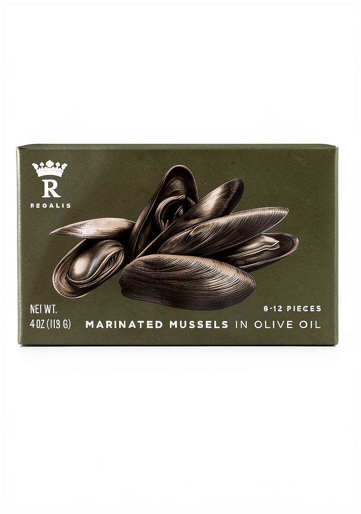 'Regalis Foods canned mussels displayed in a kitchen setting'