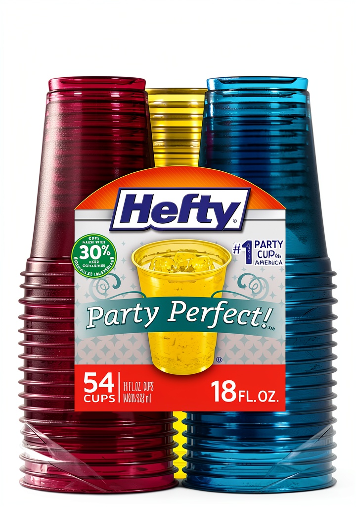Hefty tinted plastic cups displayed on a party table with colorful drinks
