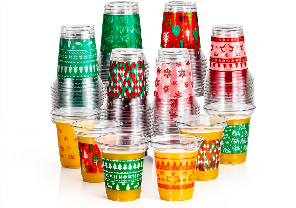 Atonofun Christmas cups displayed on a festive table with drinks