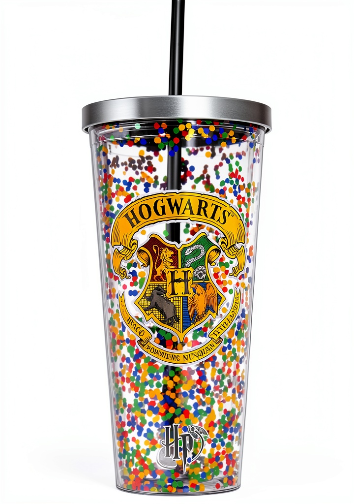 Harry Potter Glitter Cup displayed with lid and straw on a table