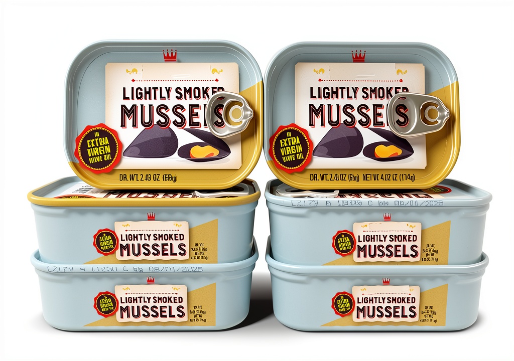 Trader Joes Lightly Smoked Mussels in Extra Virgin Olive Oil can displayed on a kitchen counter