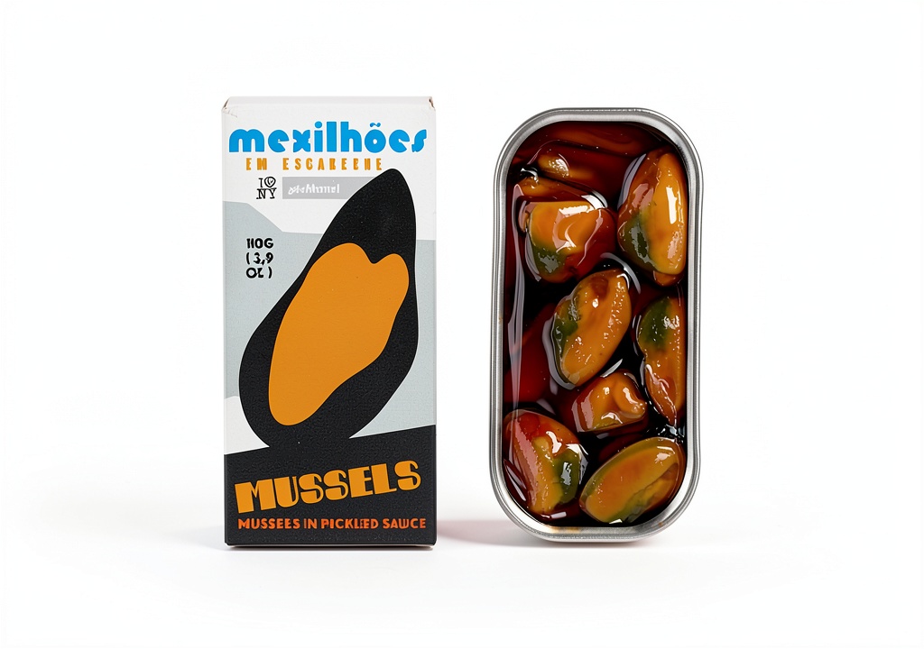 Canned mussels displayed in a kitchen setting