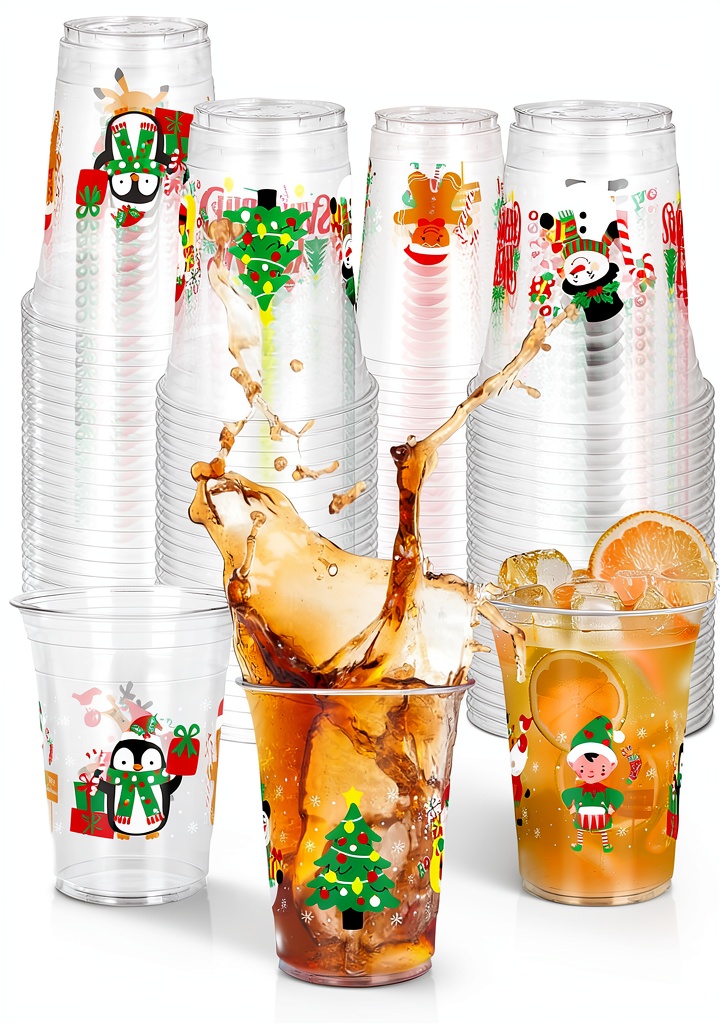 QZYL Christmas plastic cups displayed with festive designs on a holiday table