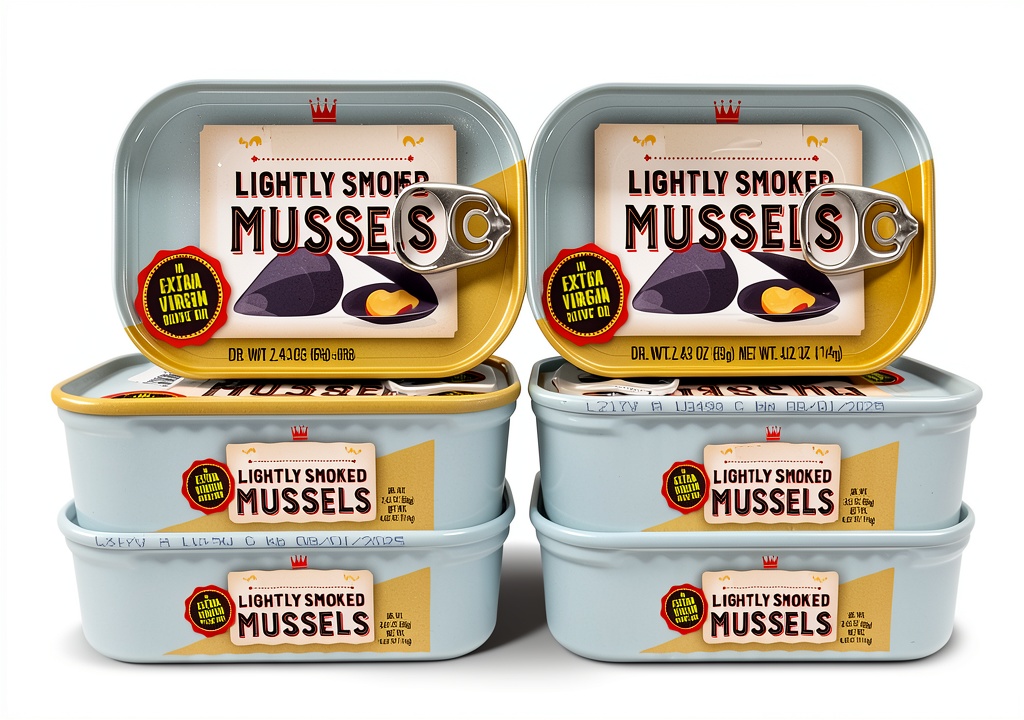 Trader Joes Lightly Smoked Mussels in Extra Virgin Olive Oil can displayed on a kitchen counter