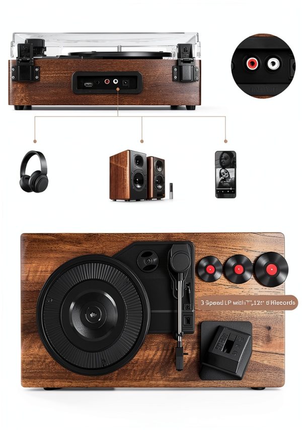 Mersoco Wooden Vinyl Player with Built-in Speakers-2