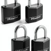 Master Lock Black Outdoor Key Lock, Standard Weather Resistant Padlock with Cover, Keyed Alike Padlocks for Lockers, Fences, Sheds, or Other Equipment, 4 Pack, 131Q-0
