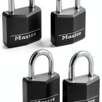 Master Lock Black Outdoor Key Lock, Standard Weather Resistant Padlock with Cover, Keyed Alike Padlocks for Lockers, Fences, Sheds, or Other Equipment, 4 Pack, 131Q-0