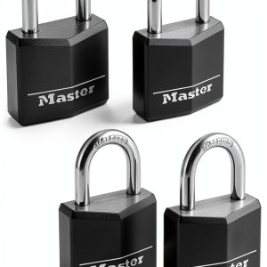 Master Lock Black Outdoor Key Lock, Standard Weather Resistant Padlock with Cover, Keyed Alike Padlocks for Lockers, Fences, Sheds, or Other Equipment, 4 Pack, 131Q-0