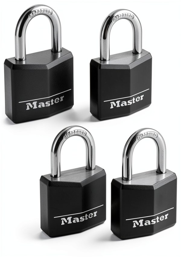 Master Lock Black Outdoor Key Lock, Standard Weather Resistant Padlock with Cover, Keyed Alike Padlocks for Lockers, Fences, Sheds, or Other Equipment, 4 Pack, 131Q-0