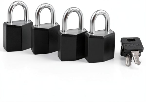 Master Lock Black Outdoor Key Lock, Standard Weather Resistant Padlock with Cover, Keyed Alike Padlocks for Lockers, Fences, Sheds, or Other Equipment, 4 Pack, 131Q-3
