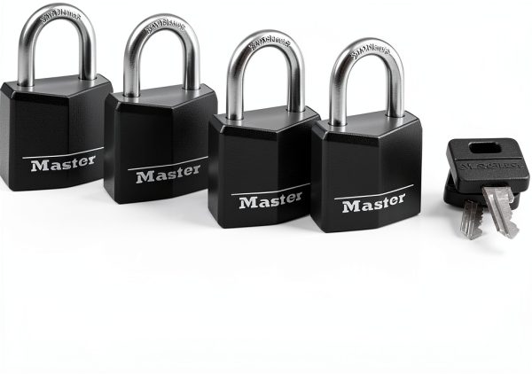 Master Lock Black Outdoor Key Lock, Standard Weather Resistant Padlock with Cover, Keyed Alike Padlocks for Lockers, Fences, Sheds, or Other Equipment, 4 Pack, 131Q-2